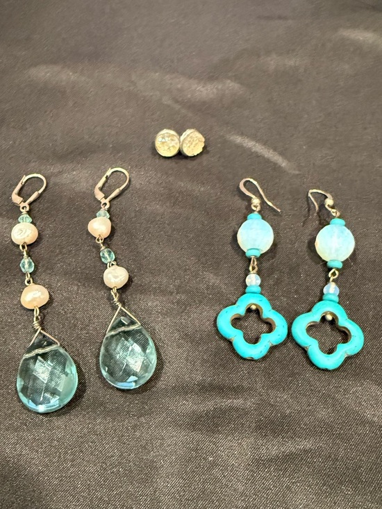 Jewelry - 3 Pairs Earrings Druzy Quartz Studs + Blue Topaz Crystal Drops +Turquoise Clover